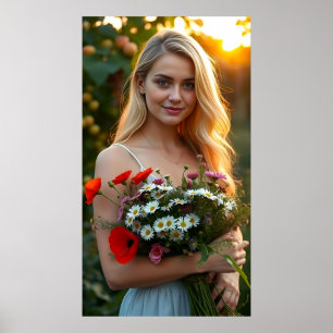 Poster Linda garota com Buquê de margaridas e papagaios