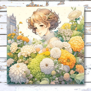 Pôster Linda Garota de Anime em Flores Amarelas e Brancas