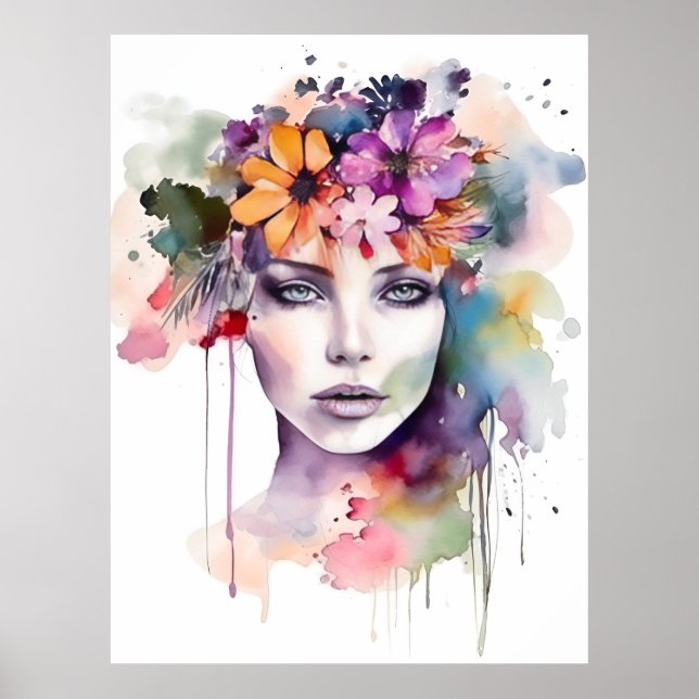Poster Linda Garota de Aquarela com Flores no Cabelo (Frente)