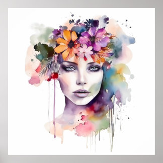 Poster Linda Garota de Aquarela com Flores no Cabelo