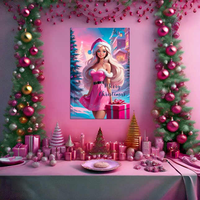 Poster Linda garota de Natal rosa 01 (Beautiful pink chrismas girl poster. Customizable text )