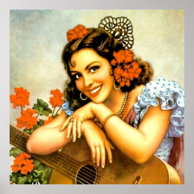 Poster Linda Garota do Calendário Mexicano com Violão (Frente)