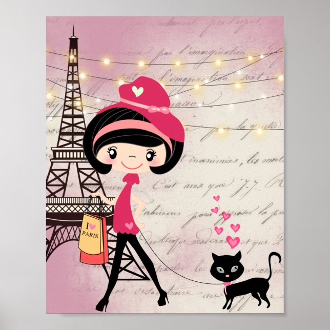 Poster Linda garota e gato em Torre Eiffel em Paris (Frente)
