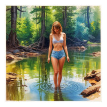 Linda garota em pintura a óleo de lagoa