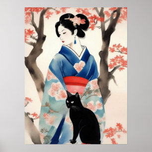 Poster Linda garota japonesa com um gato preto