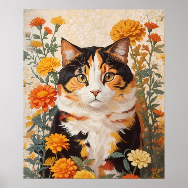 Poster Linda Gato Calico Com Flores Marigold (Frente)