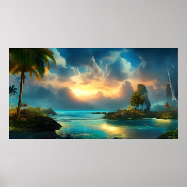 Poster Linda ilha Tropical Paisagem mar azul (Frente)