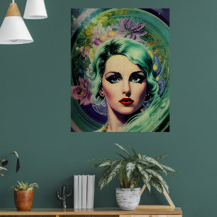 Poster Linda Lavanda e Estilo Retro Verde Mulher Espacial