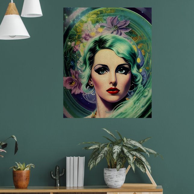 Poster Linda Lavanda e Estilo Retro Verde Mulher Espacial (Sala de Estar 1)