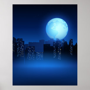 Poster Linda lua cheia à noite na paisagem urbana