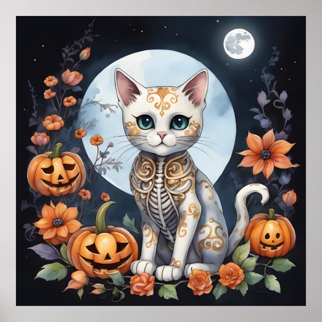 Poster Linda Lua Floral de Halloween de Gato - Fé Whimsso (Frente)
