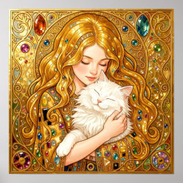 Poster Linda Menina Com Gato Branco Fofo Art Nouveau