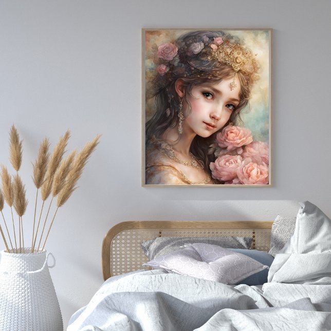 Poster Linda Menina com Rosas Rosa (Beautiful Girl with Pink Roses Poster)
