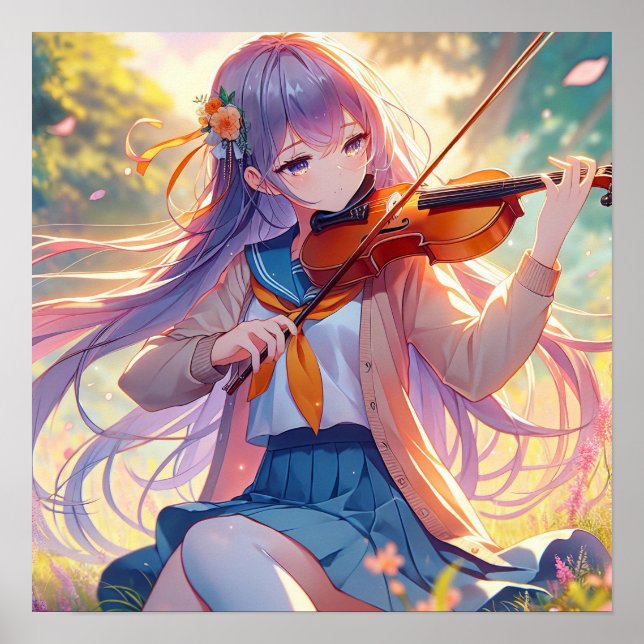 Poster Linda Menina de Animação Tocando Violino (Frente)