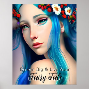 Poster Linda Menina Encantada com Flores Conto de Fadas