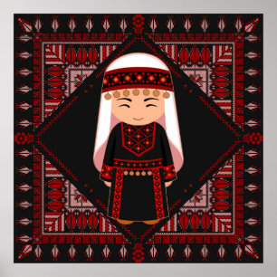 Poster Linda menina palestina Embroiderada tatreez vermel