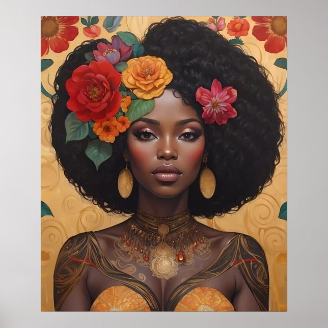 Poster Linda Mulher Afro-Americana Com Flores (Frente)