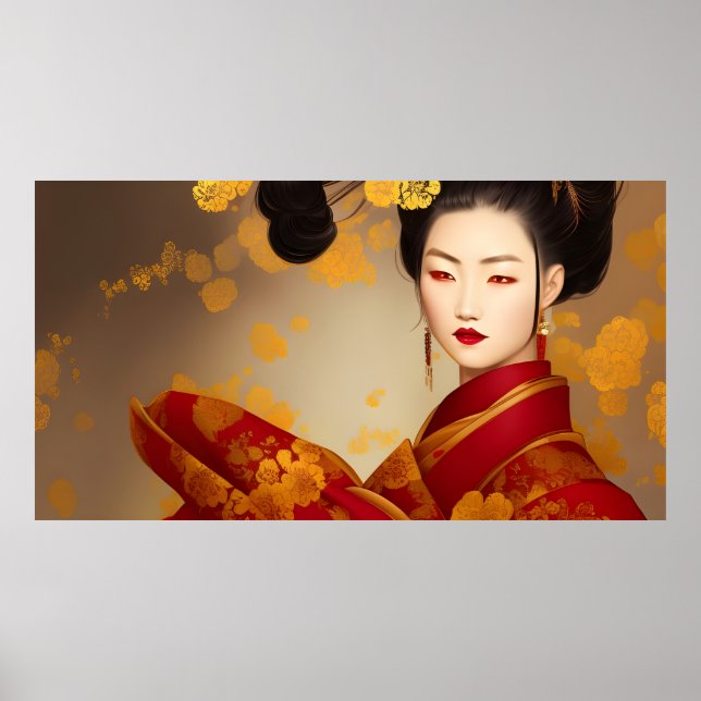 Poster Linda mulher asiática geisha vermelha ouro 2 (Frente)