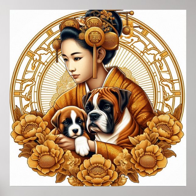 Poster Linda Mulher com Boxer Mãe e Pup (Frente)