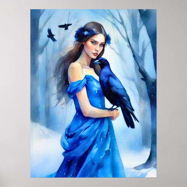 Poster Linda mulher com um Raven, em uma Floresta Neve (Frente)