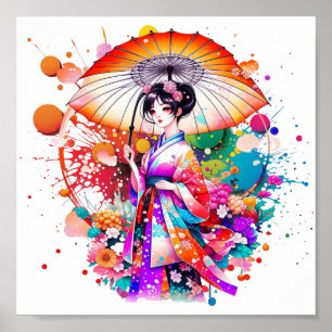 Poster Linda mulher japonesa em Kimono Parasol