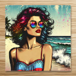 Poster Linda mulher na Pop da Beach Comic Book<br><div class="desc">Bonito ai gerou imagem de uma senhora bonito na praia vestindo óculos de sol com um estilo pop de livro desenhado de fundo na praia do oceano.</div>