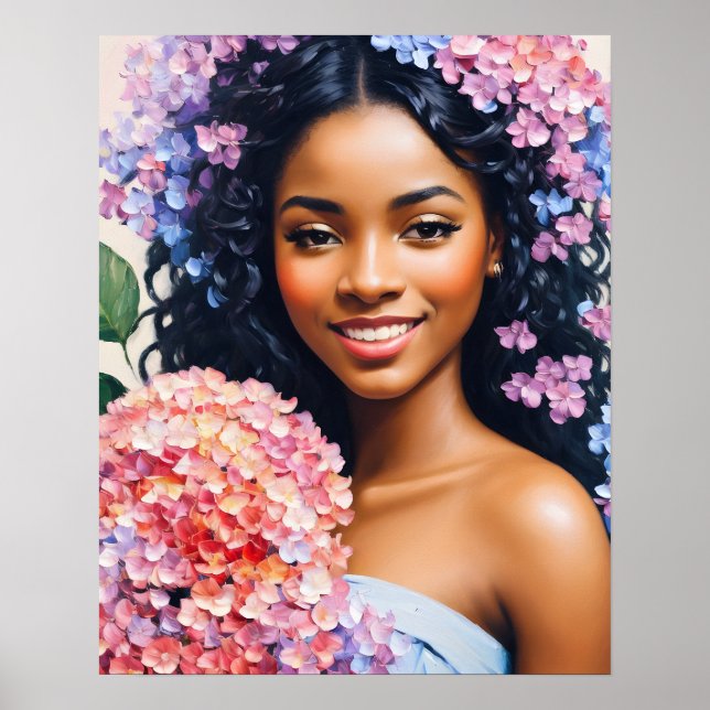 Poster Linda mulher negra Hydrangeas Retrato (Frente)