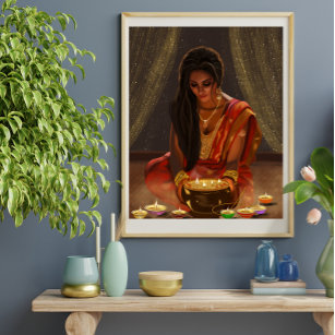 Poster Linda mulher pintora de arte digital indiana Saree