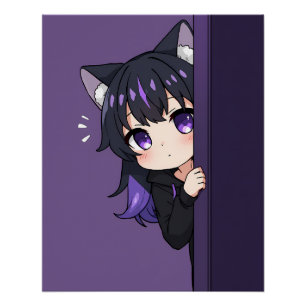 Pôster Linda Neko Chibi Curiosa – Garota Gato Roxa Tímida