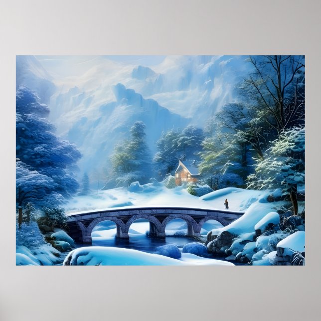 Poster Linda paisagem cheia de neve com ponte de pedra (Frente)