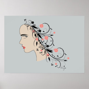 Pôster Linda perfil feminino com flores e espirais
