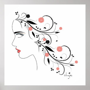 Pôster Linda perfil feminino com flores e espirais