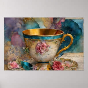 Poster Linda pintura de colagem de mídia mista Teacup