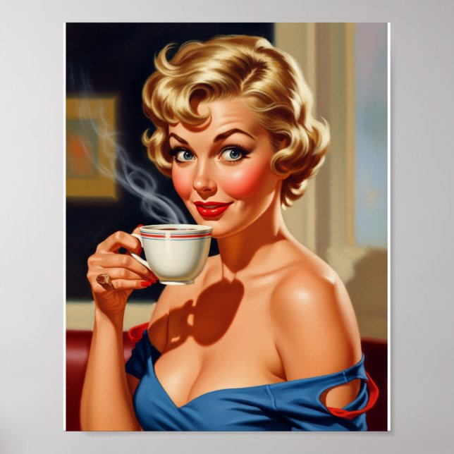 Poster Linda Retro Mulher com uma xícara de café (Frente)