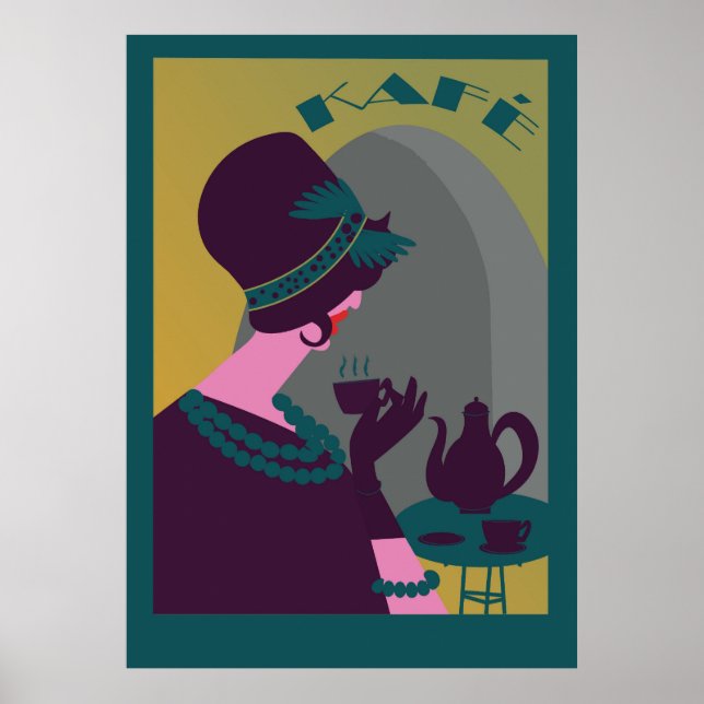 Poster Linda retro mulher em um café tomando café (Frente)