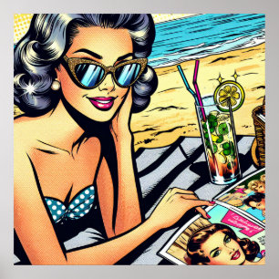 Poster Linda Senhora Retro na Praia com Cocktail