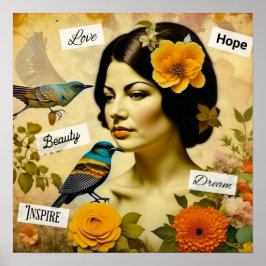 Poster Linda Vintage Mulher com Aves e Flores