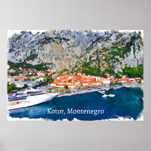 Poster Linda visão de Panorama de Kotor Bay Montenegro