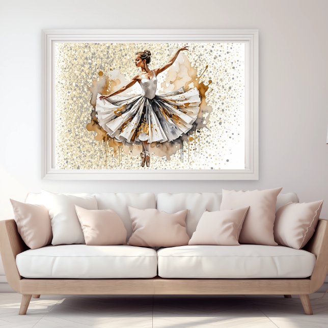 Poster Linda Watercolor Ballerina Mulher Dourada (Beautiful Watercolor Ballerina Woman in Gold Poster in home)