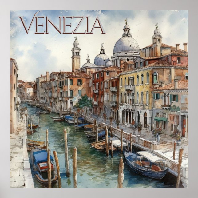 Poster Linda Watercolor Venice Canal Viagem (Frente)
