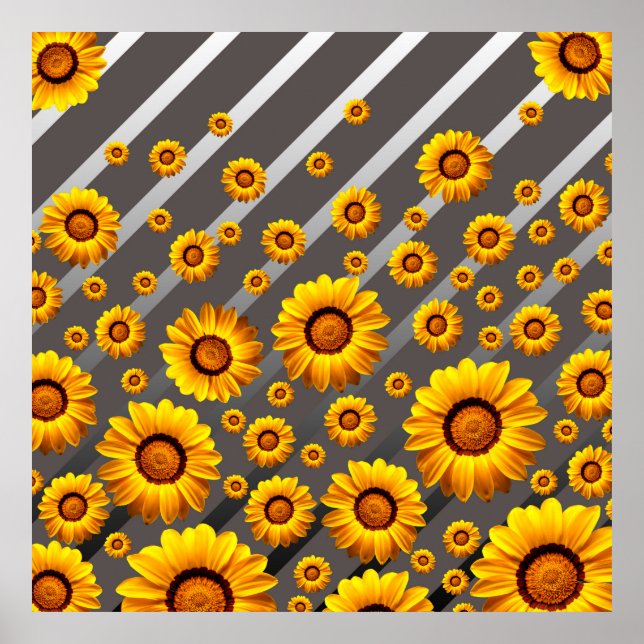 Poster Lindas flores amarelas nas cinzas, listras pratead (Frente)