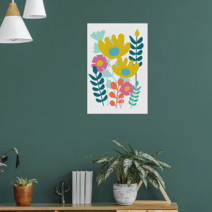 Poster Lindas flores coloridas parede verde amarelo