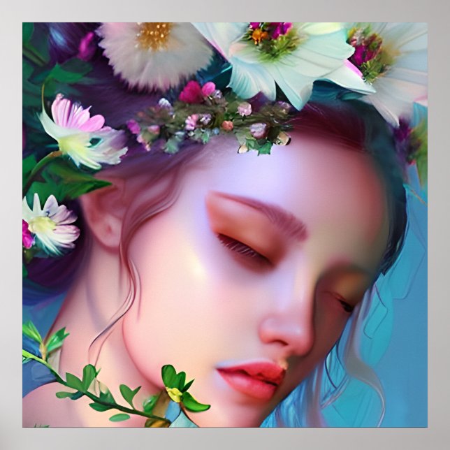 Poster Lindas Flores de Fada nos Cabelos Arte de Fantasia (Frente)