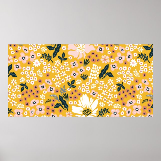 Poster Lindas flores de jardim em fundo amarelo. Mar (Frente)
