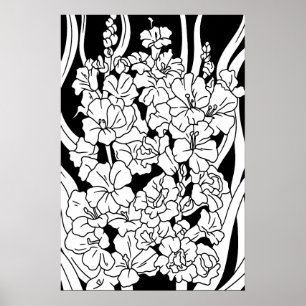 Poster Lindas Flores de Página de Coloração em Preto