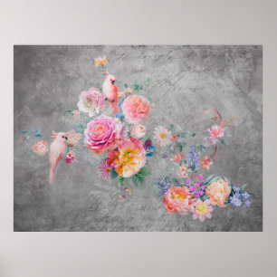 Poster Lindas flores multicoloridas e pássaros em terra f