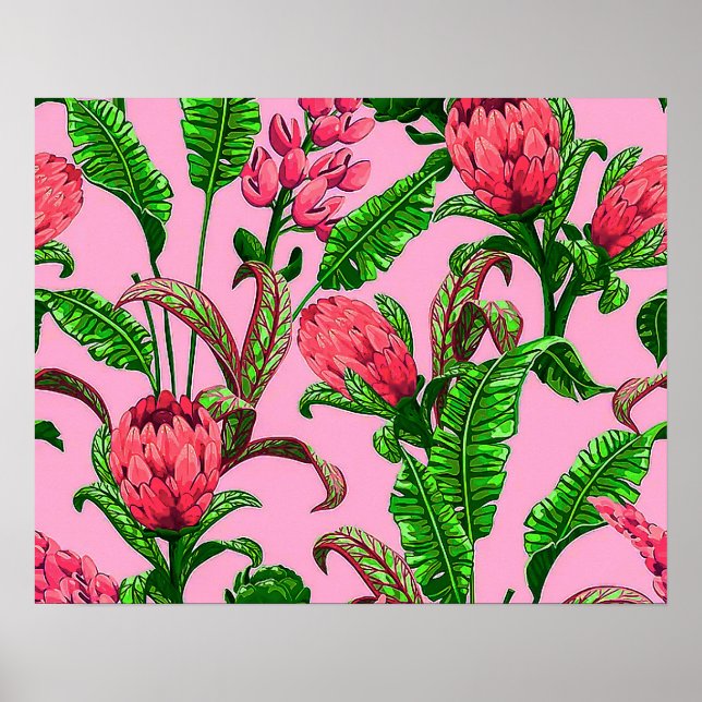 Poster Lindas Folhas Verdes Tropicais com Flores Vermelha (Frente)