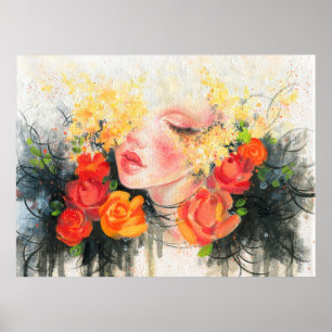Poster Lindas mulheres e flores em aquarela