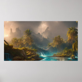 Poster Lindas palmeiras tropicais e rio 1