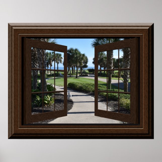 Poster Lindas Palmeiras Tropicais Relaxando Janela Falso (Frente)